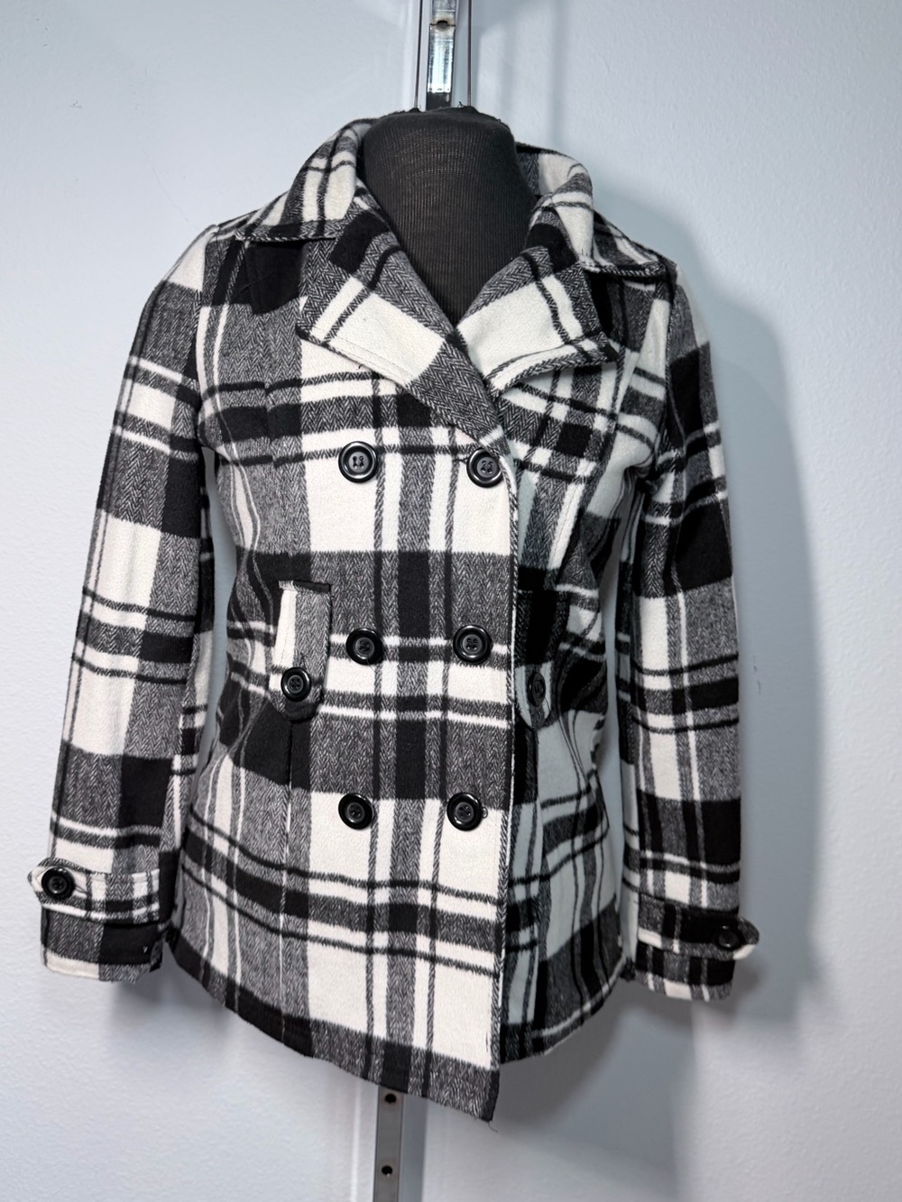 Jou Jou Black & White Plaid Double-Breasted Peacoat